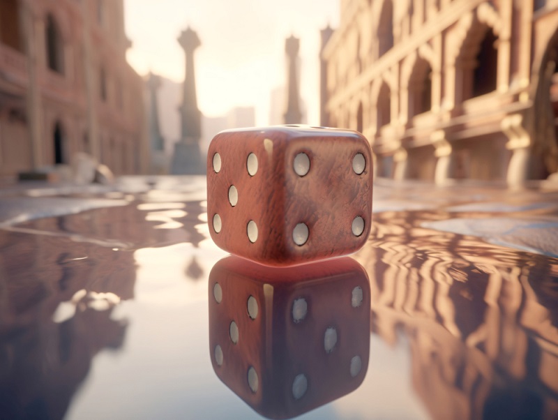 Red dice on a glass surface in ancient sand city